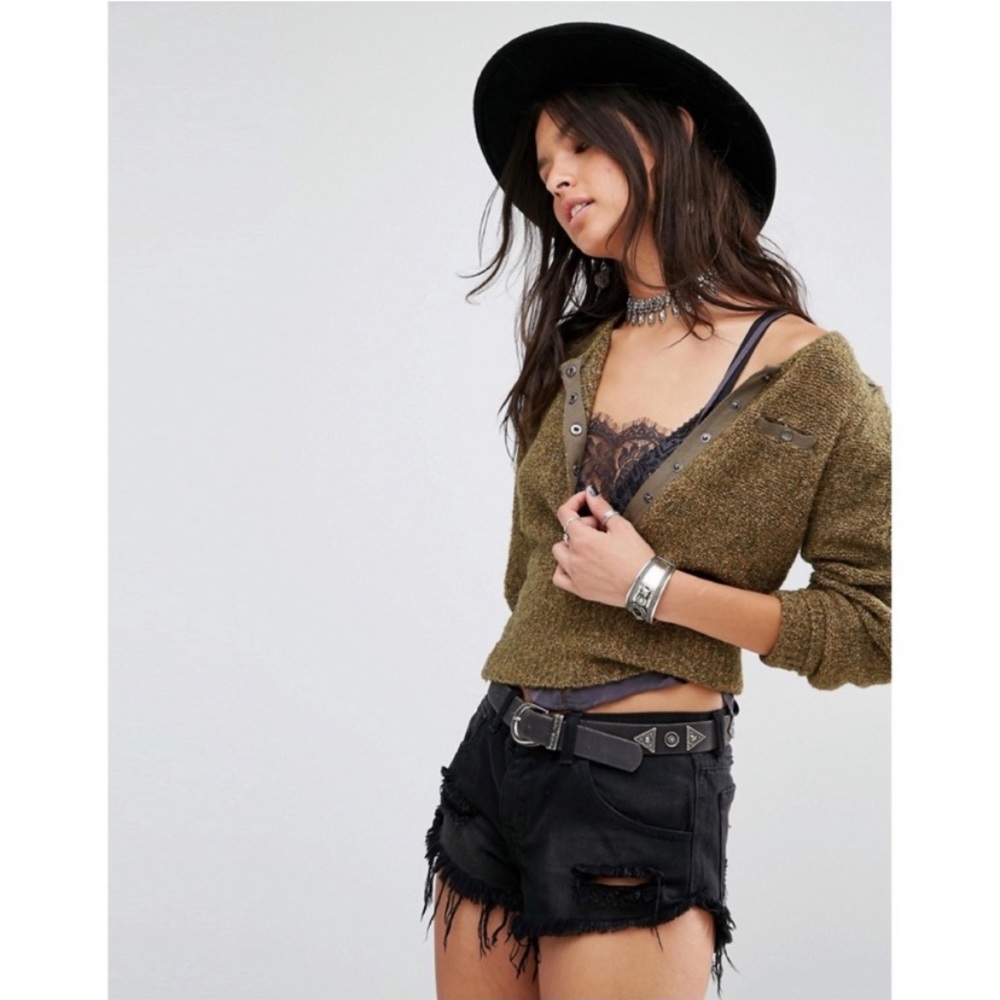 FREE PEOPLE Sergeant Henley Cropped Green Cotton Wool Blend Sweater
